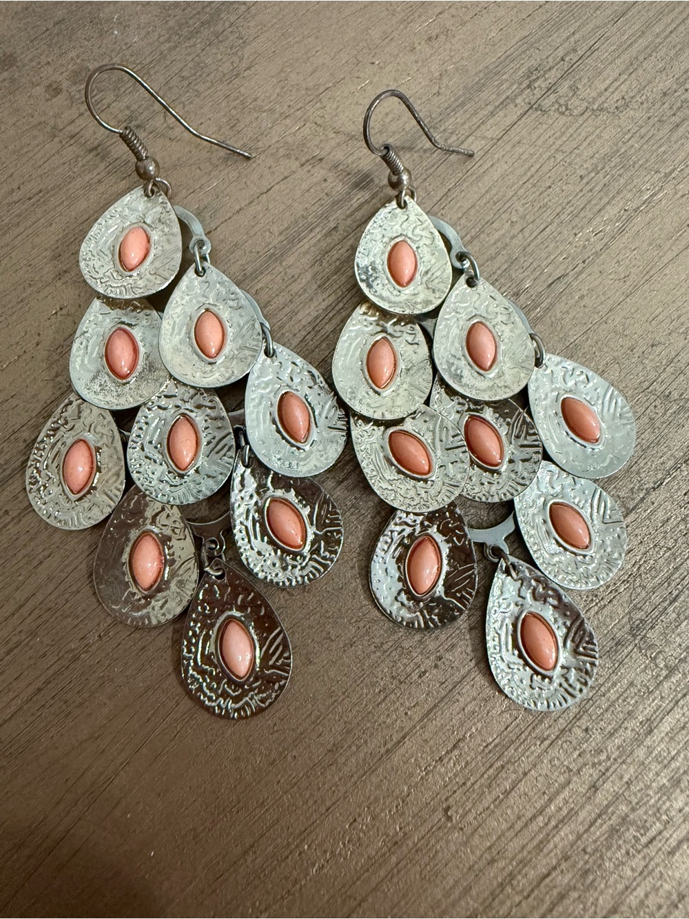 Handcrafted Silver-Tone Teardrop Chandelier Earrings with Coral Accents